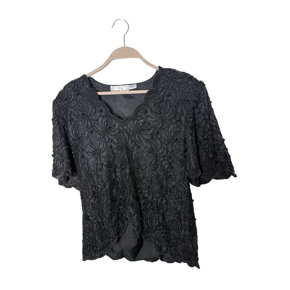 Vintage Laurence Kazar Sz XL Beaded Top Blouse Black Scalloped Evening